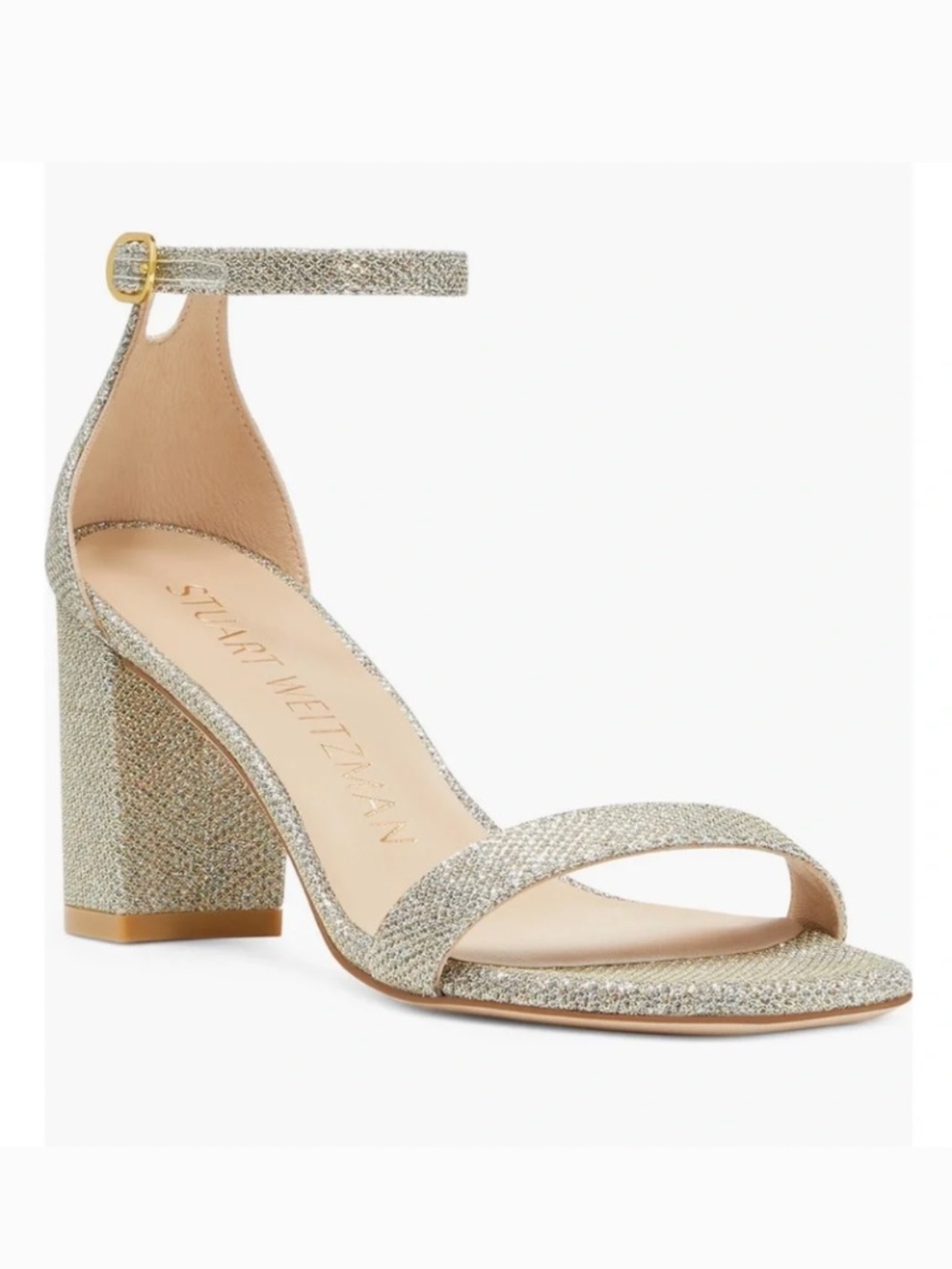 NEW Stuart Weitzman Nudistcurve 75 Block Heel Glittery Sandal Platino Gold sz 11